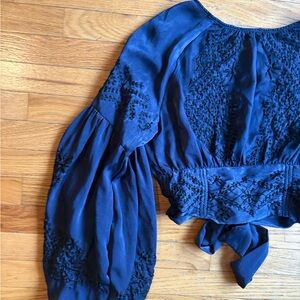 Elegant Navy Embroidered Blouse Free People Small